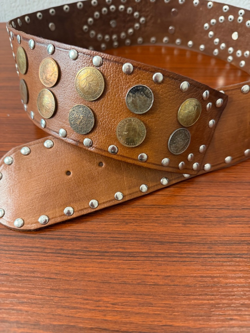 Studded Brown Leather Waist Belt with Metal Coin Accents - Picture 2 of 6